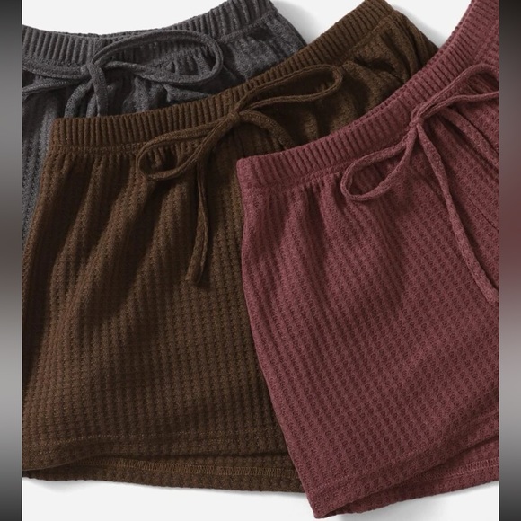 3sets Solid Waffle Knit Knotted Front Pj Set - Picture 1 of 3